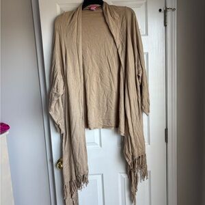 Woman Within Beige Cardigan with Fringe
